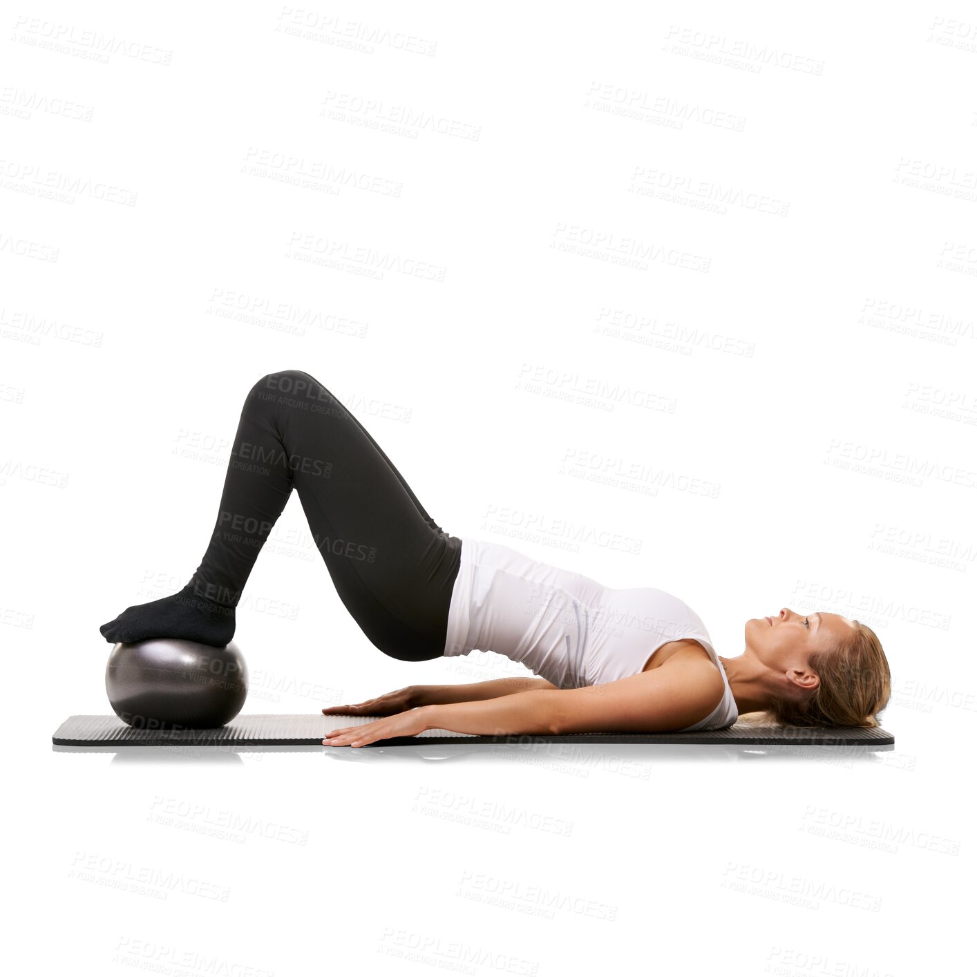 Buy stock photo Woman, hip workout and pilates ball with arm and muscle training for wellness exercise. Female person, profile and yoga mat isolated on a transparent, png background with glute raise and fitness