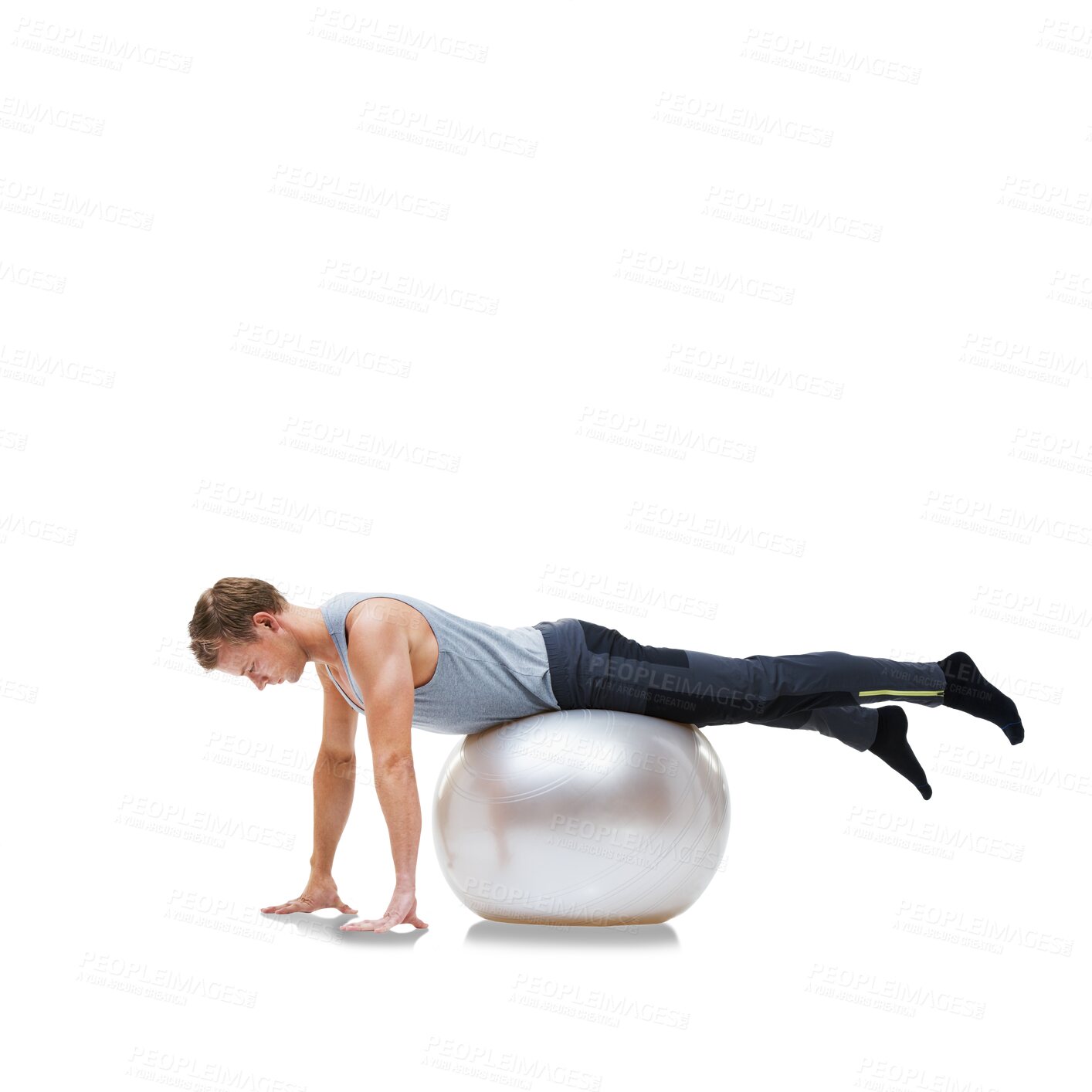 Buy stock photo Man, exercise ball and pilates workout with push ups and fitness training with balance. Male person, health equipment and isolated on a transparent, png background with muscle and wellness lying