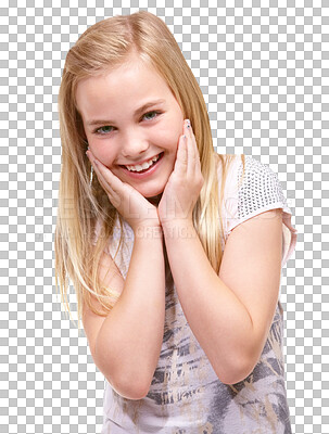 Buy stock photo Happy, fashion and portrait of girl child with shy expression on isolated, transparent and png background. Children, smile and hands on face of female kid with playful personality, trendy and style 