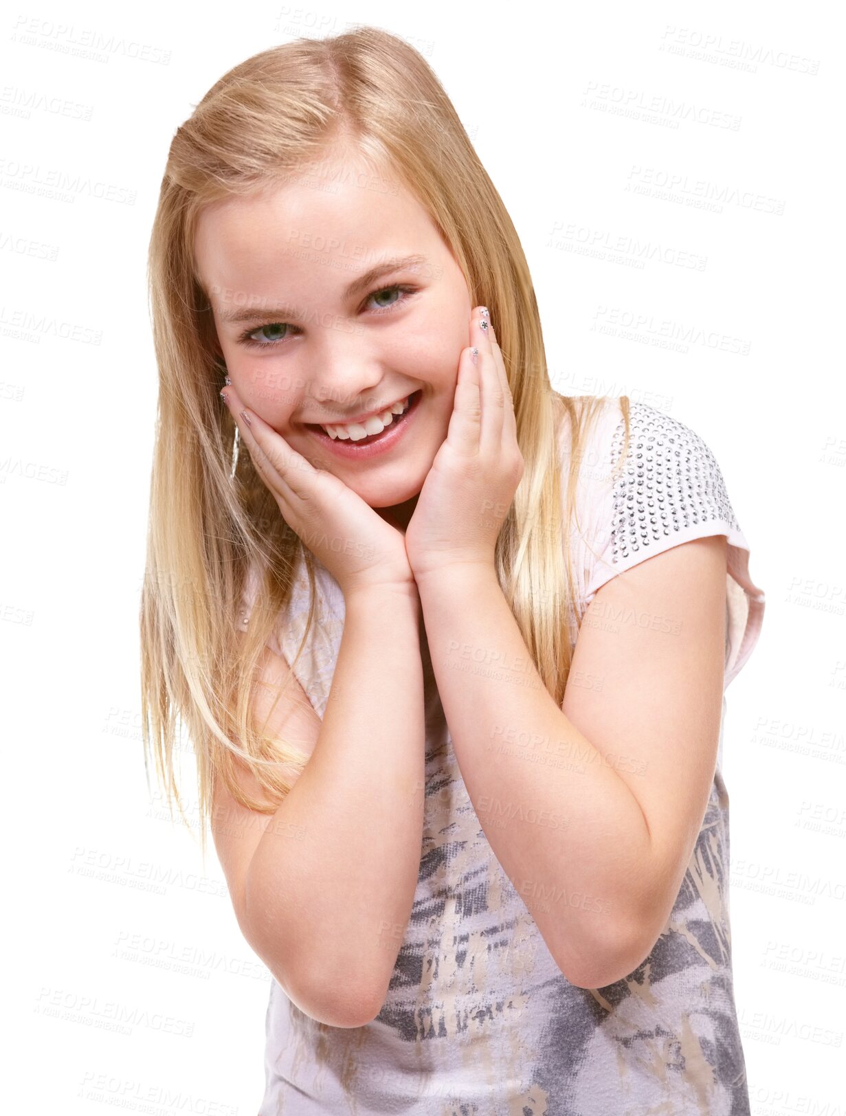 Buy stock photo Happy, fashion and portrait of girl child with shy expression on isolated, transparent and png background. Children, smile and hands on face of female kid with playful personality, trendy and style 