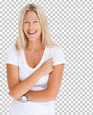 Buy stock photo Isolated woman, arms folded and smile in portrait with fashion, cotton t-shirt and transparent png background. Happy lady, blonde model and natural confidence with casual style in modern clothes