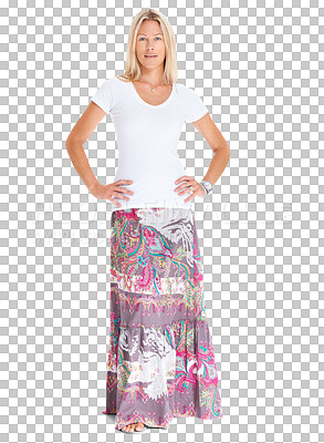 Buy stock photo Fashion, portrait of a woman and hippie dress isolated against a transparent png background for clothing model. Boho, gypsy and young female person pose with hand on her hips in skirt