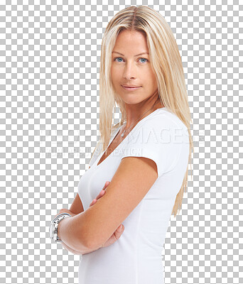 Buy stock photo Portrait, fashion and blonde woman with arms crossed isolated on a transparent png background. Face, style and serious female person from Sweden with confidence mindset, casual clothes and pose.