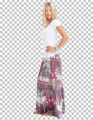 Buy stock photo Portrait, fashion and skirt with a trendy woman isolated on transparent background is a stylish outfit. Clothes, fashionable and style with a confident female person posing in casual clothing on PNG