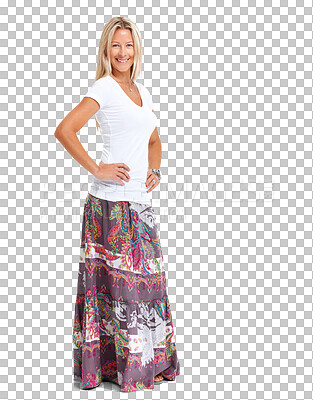 Buy stock photo Portrait, fashion and style with a woman in a skirt isolated on transparent background in a stylish outfit. Clothes, fashionable and trendy with a confident female person in casual clothing on PNG