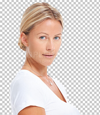 Buy stock photo Portrait, face and a woman with natural beauty isolated on a transparent png, background. Dermatology, skin care and cosmetics or makeup of a confident female person with facial glow and casual style