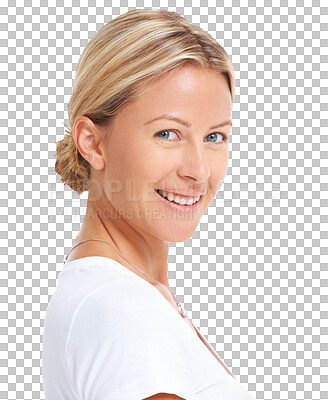 Buy stock photo Happy, face and portrait a woman with natural beauty isolated on a transparent png, background. Positive mindset, casual smile and female model person from Australia with facial glow and happiness