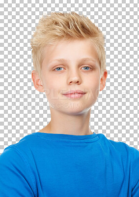 Buy stock photo Cute, portrait and young boy child with a casual, trendy and stylish children tshirt outfit. Smile, confidence and kid model with cool fashion or style posing isolated by a transparent png background