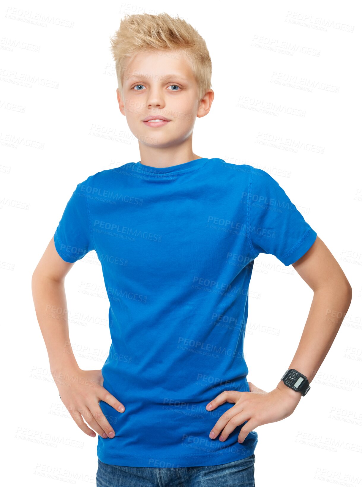 Buy stock photo Fashion, portrait of a young boy pose and isolated in a transparent png background. Blue tshirt clothing, confidence and male kid posing for casual style with hands on hips for pride from Sweden