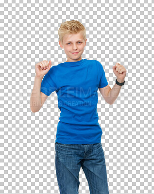 Buy stock photo Portrait, kids and fashion with a winner boy isolated on a transparent background for success or motivation. Children, style and celebration with a male teenager cheering in casual clothing on PNG