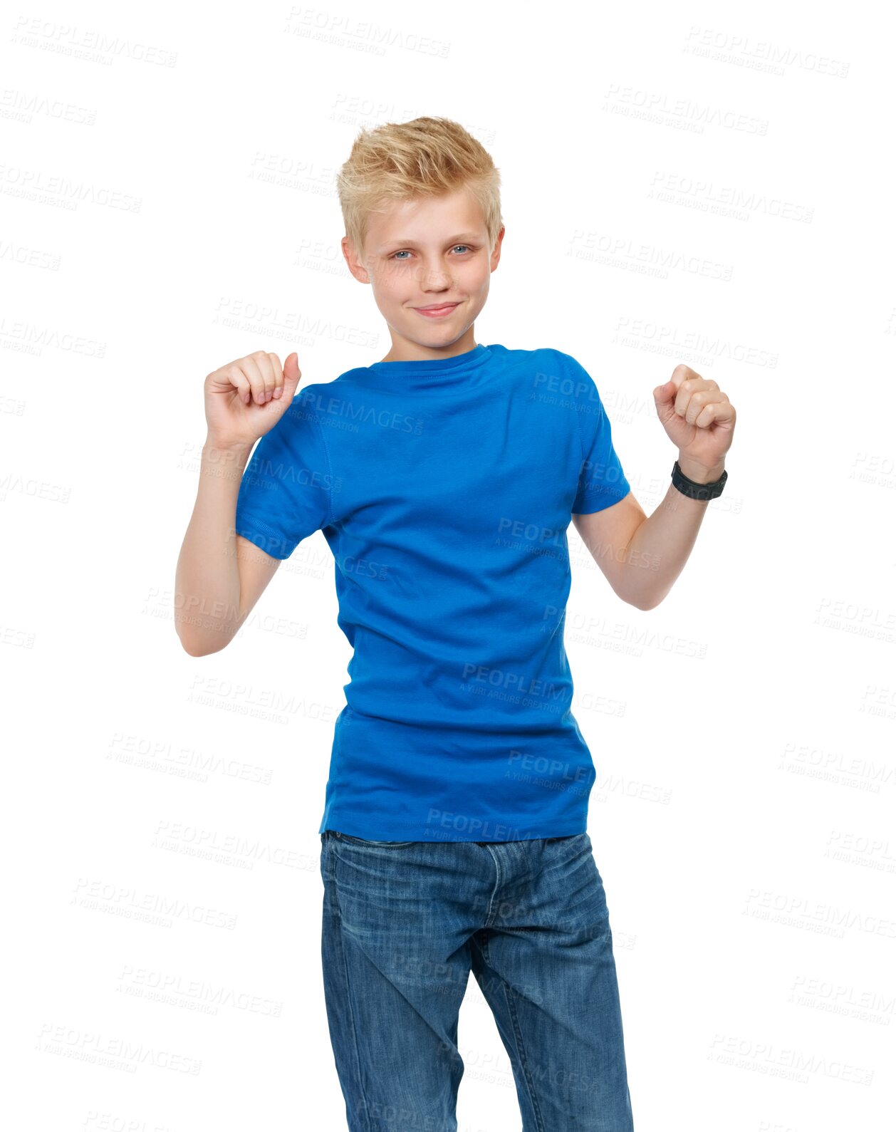 Buy stock photo Portrait, kids and fashion with a winner boy isolated on a transparent background for success or motivation. Children, style and celebration with a male teenager cheering in casual clothing on PNG