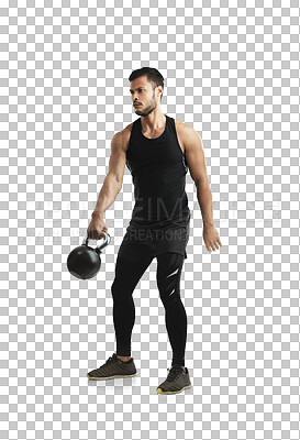 Buy stock photo Fitness, strong and kettlebell exercise with a man isolated on a transparent background for a workout. Bodybuilder, weight lifting and muscular with a young male athlete training for health on PNG