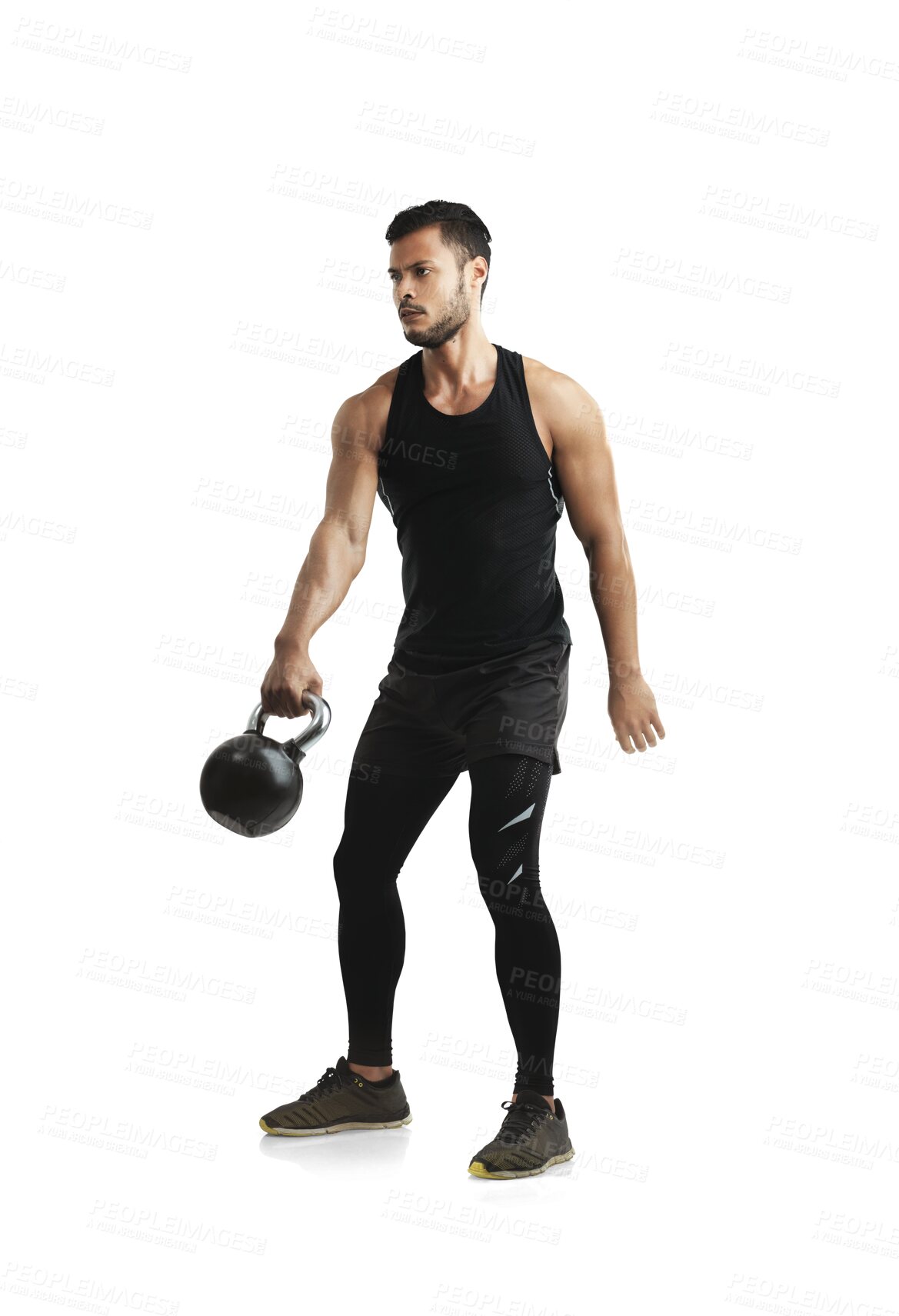 Buy stock photo Fitness, strong and kettlebell exercise with a man isolated on a transparent background for a workout. Bodybuilder, weight lifting and muscular with a young male athlete training for health on PNG