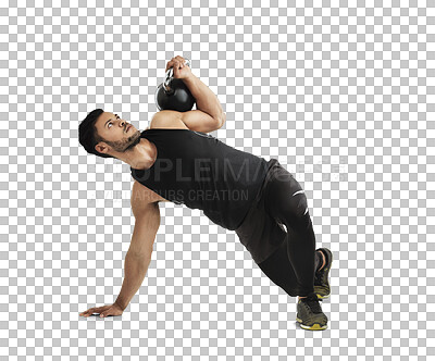 Buy stock photo Fitness, strong and kettlebell workout with a man isolated on a transparent background for bodybuilding. Exercise, weight lifting and a young male bodybuilder or athlete training for health on PNG