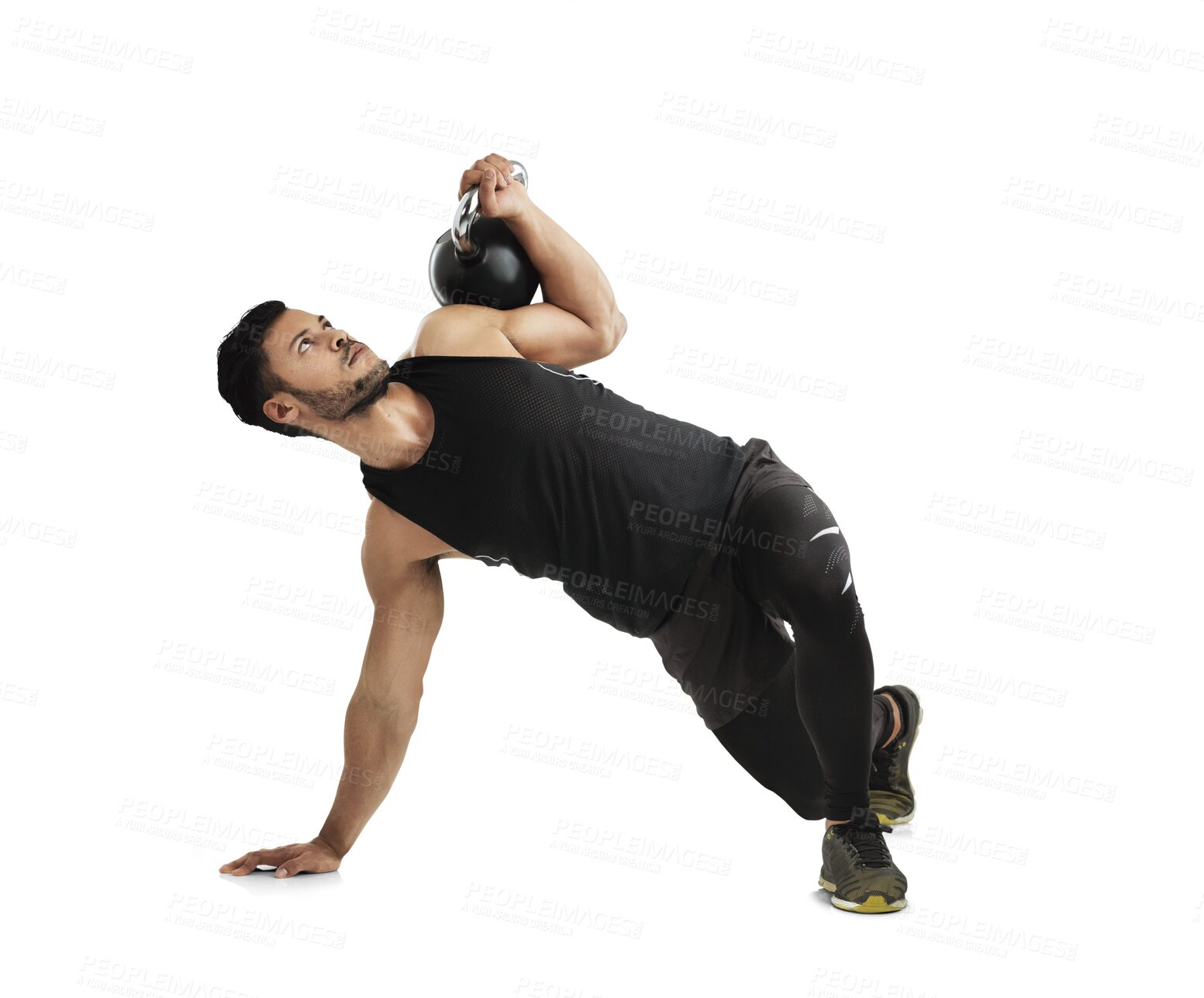 Buy stock photo Fitness, strong and kettlebell workout with a man isolated on a transparent background for bodybuilding. Exercise, weight lifting and a young male bodybuilder or athlete training for health on PNG