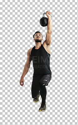 Buy stock photo Exercise, muscular and kettlebell with a bodybuilder man isolated on a transparent background for a workout. Fitness, weight lifting and strong with a young male athlete training for health on PNG