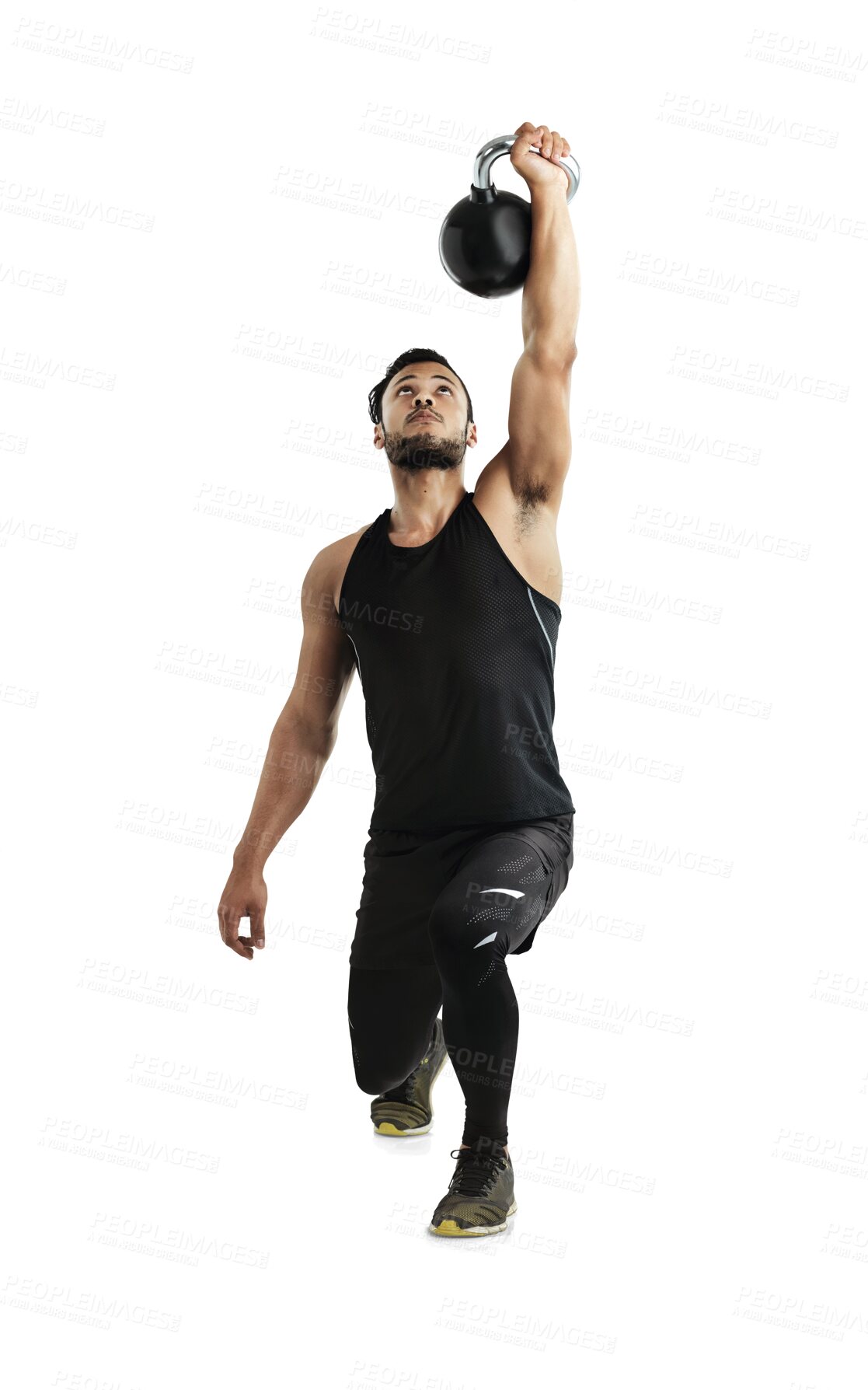 Buy stock photo Exercise, muscular and kettlebell with a bodybuilder man isolated on a transparent background for a workout. Fitness, weight lifting and strong with a young male athlete training for health on PNG