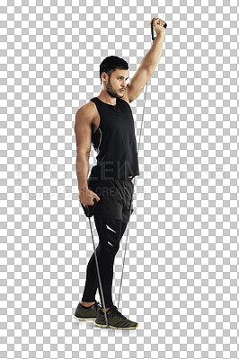 Buy stock photo Fitness, workout and resistance band with an athlete man isolated on a transparent background for strength. Exercise, health and wellness with a young male person training on PNG for strong arms