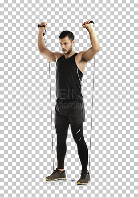 Buy stock photo Training, man with a resistance band and fitness isolated against a transparent png background. Workout or exercise, motivation or and male athlete with sportswear practice for health wellness