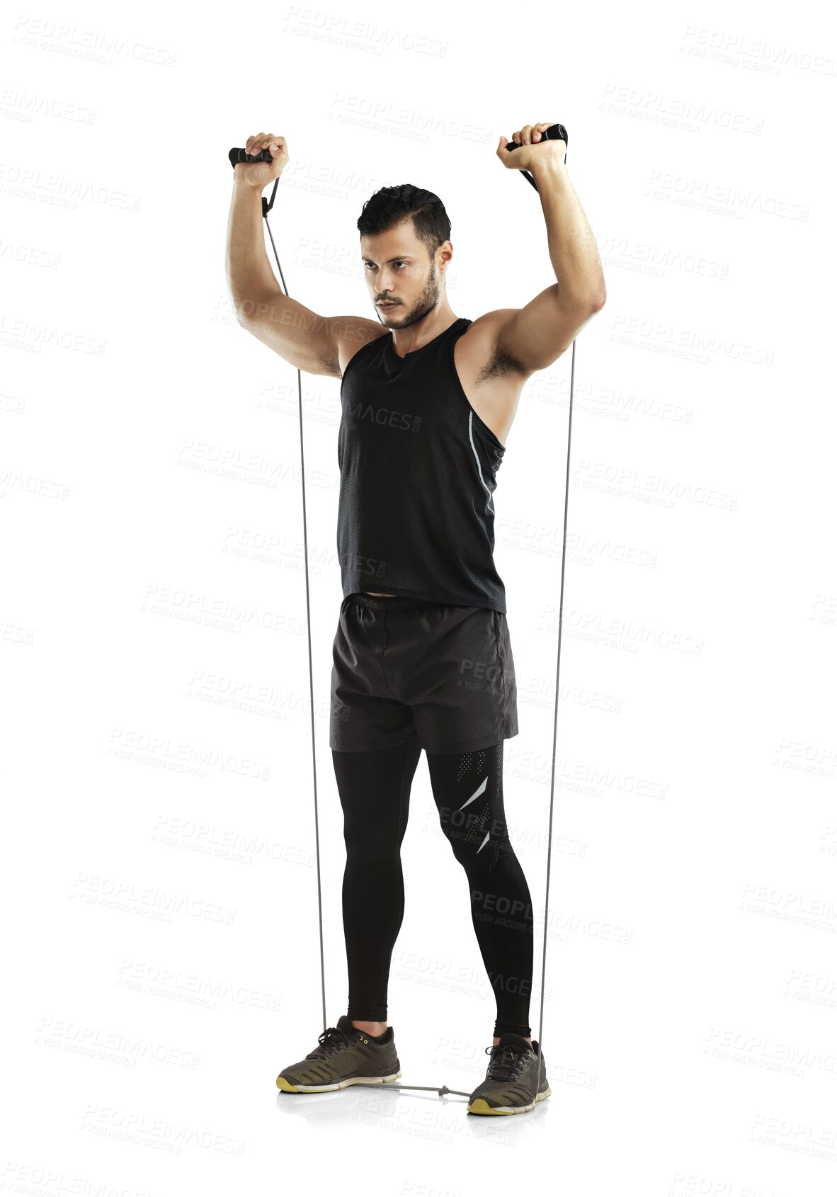 Buy stock photo Training, man with a resistance band and fitness isolated against a transparent png background. Workout or exercise, motivation or and male athlete with sportswear practice for health wellness