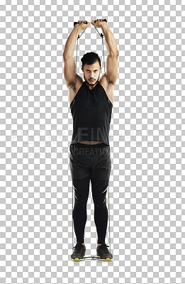 Buy stock photo Fitness, resistance band and portrait of a man stretching before a strength arm workout or training. Serious, motivation and male athlete doing warm up exercise isolated by transparent png background