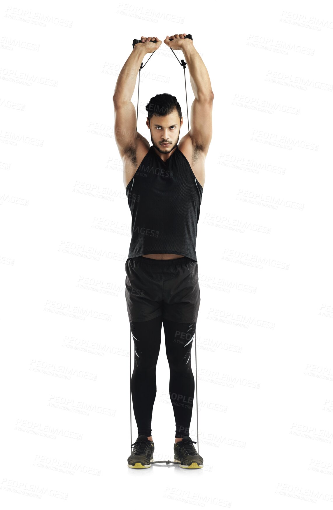 Buy stock photo Fitness, resistance band and portrait of a man stretching before a strength arm workout or training. Serious, motivation and male athlete doing warm up exercise isolated by transparent png background