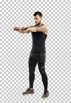 Buy stock photo Exercise, workout and resistance band with an athlete man isolated on a transparent background for strength. Fitness, health and wellness with a young male person training on PNG for strong arms