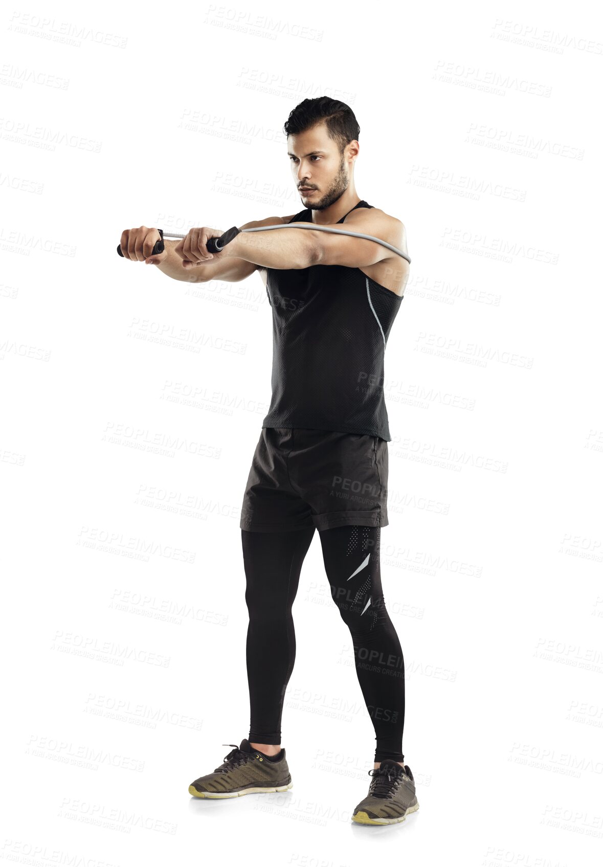 Buy stock photo Exercise, workout and resistance band with an athlete man isolated on a transparent background for strength. Fitness, health and wellness with a young male person training on PNG for strong arms