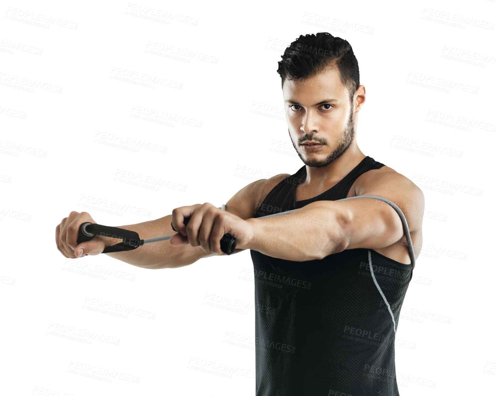 Buy stock photo Fitness, stretching and portrait of a man with resistance band isolated on a transparent, png background. Serious male athlete person, bodybuilder or aesthetic model exercise, training and workout
