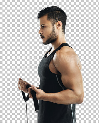 Buy stock photo Fitness, exercise and resistance band with an athlete man isolated on a transparent background for strength. Workout, health and wellness with a young male person training on PNG for strong arms