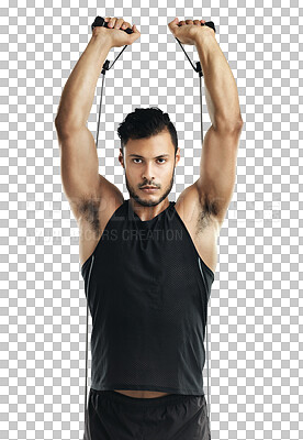 Buy stock photo Wellness, exercise and portrait of man with focus on resistance band training isolated in a transparent or png background. Health, fitness and young athlete or strong person workout for muscle growth