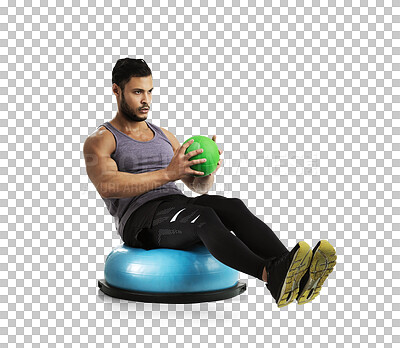 Buy stock photo Fitness, man with medicine ball and training isolated against a transparent png background. Workout or exercise, practice with sportswear and male athlete with gym equipment pose for health wellness 