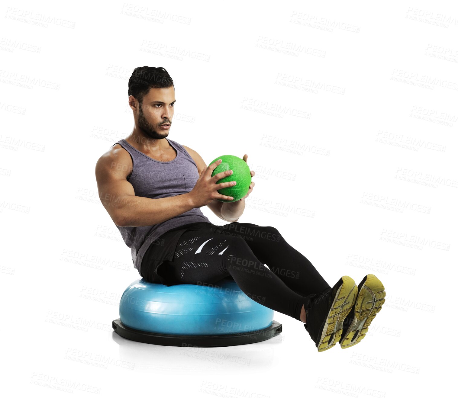 Buy stock photo Fitness, man with medicine ball and training isolated against a transparent png background. Workout or exercise, practice with sportswear and male athlete with gym equipment pose for health wellness 