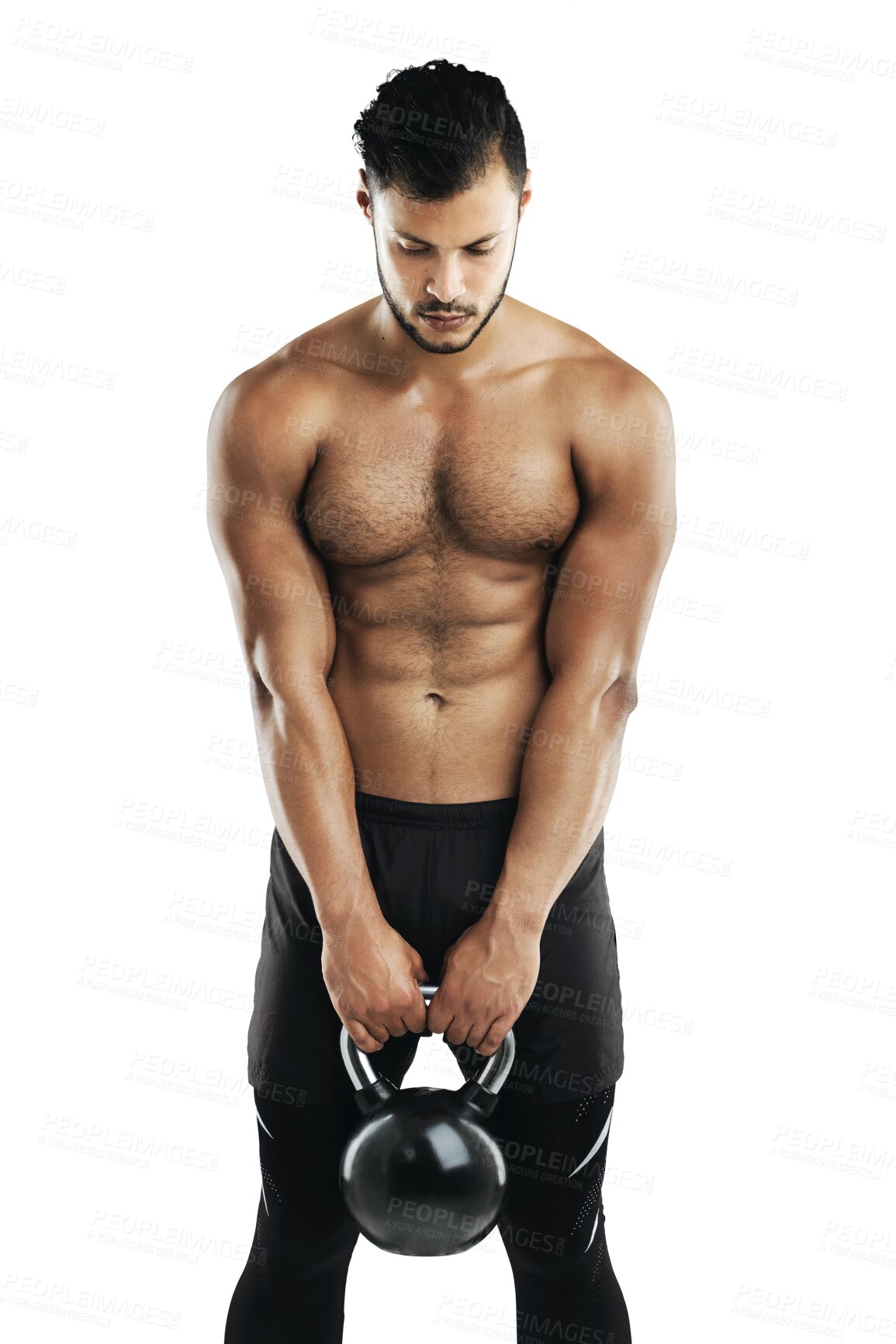 Buy stock photo Fitness, strong and kettlebell with a shirtless man isolated on a transparent background for a workout. Exercise, weight lifting and muscular with a young male bodybuilder training for health on PNG