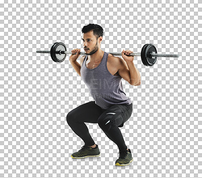 Buy stock photo Man, exercise and weightlifting, bodybuilder and barbell squat with muscle training isolated on transparent png background. Fitness, strong male athlete and concentration with bodybuilding workout