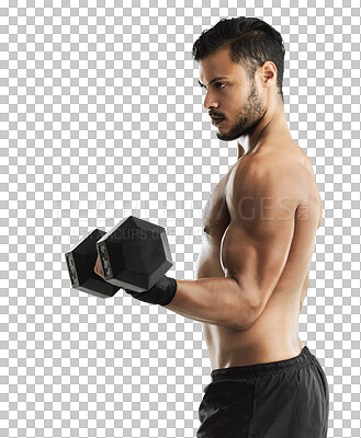 Buy stock photo Fitness, dumbbell and man focus isolated on transparent png, background for workout or bodybuilder training. Gym, body health and muscle of sports person with strong exercise and wellness challenge