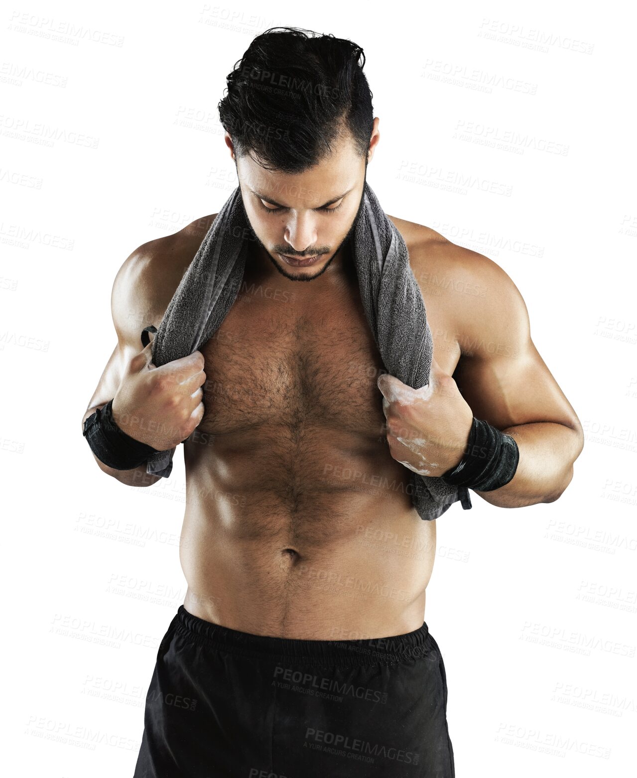 Buy stock photo Fitness, shirtless and man with muscles with a towel for sweat after a strength workout. Sports, exercise and strong young male athlete after muscle training isolated by a transparent png background.