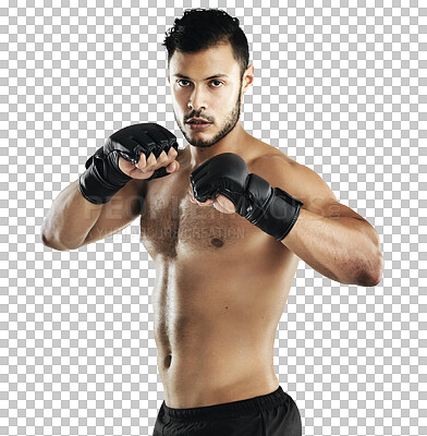 Buy stock photo Isolated man, mma fighter and portrait for block, guard or training by transparent png background. Athlete, conflict or gloves for boxing club, punch or martial arts fight with fist, sport or fitness