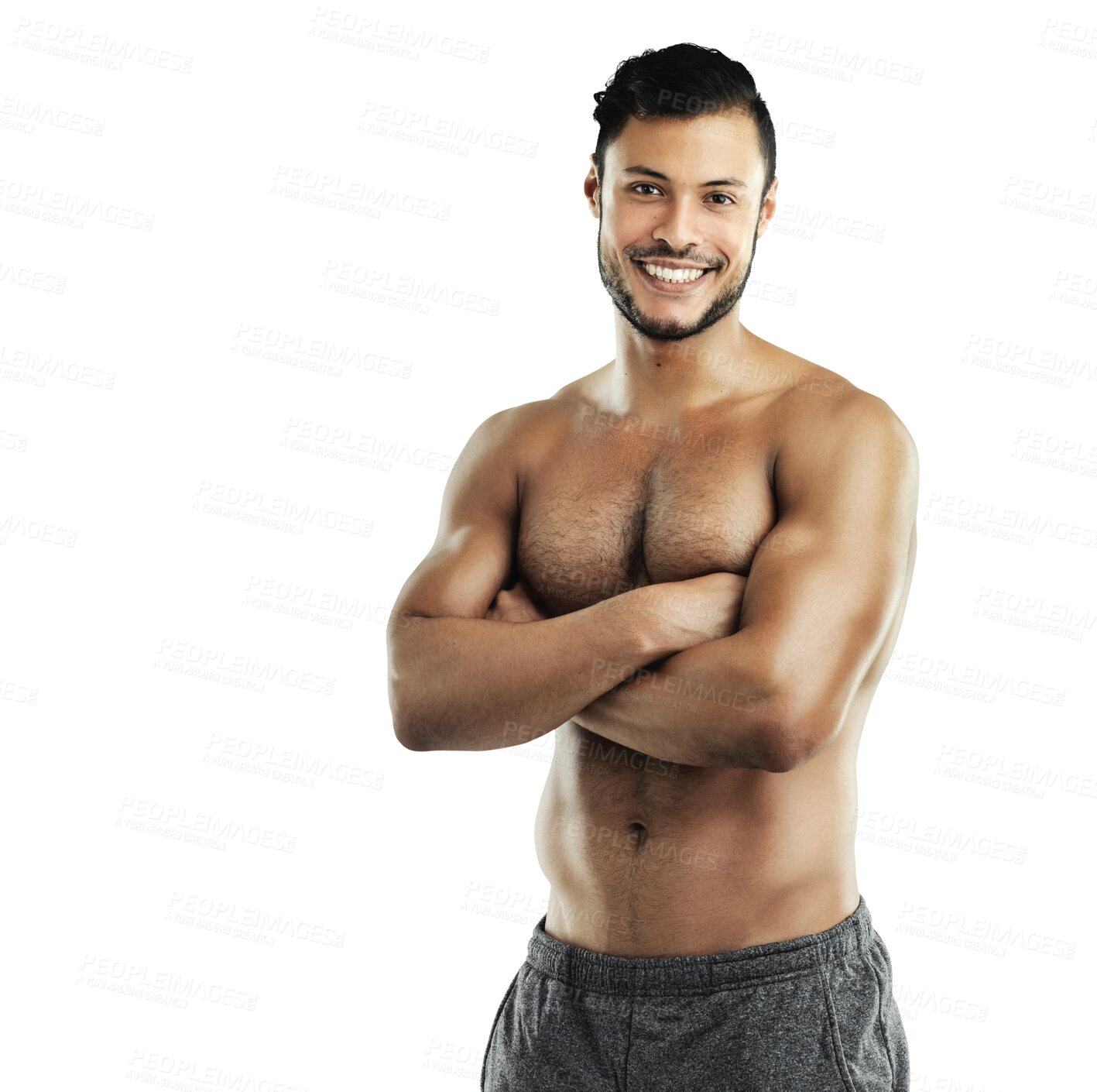 Buy stock photo Portrait, fitness muscle and man with arms crossed isolated on a transparent png background. Smile, body and athlete with strong abs after exercise, sport training or workout for confidence in Brazil