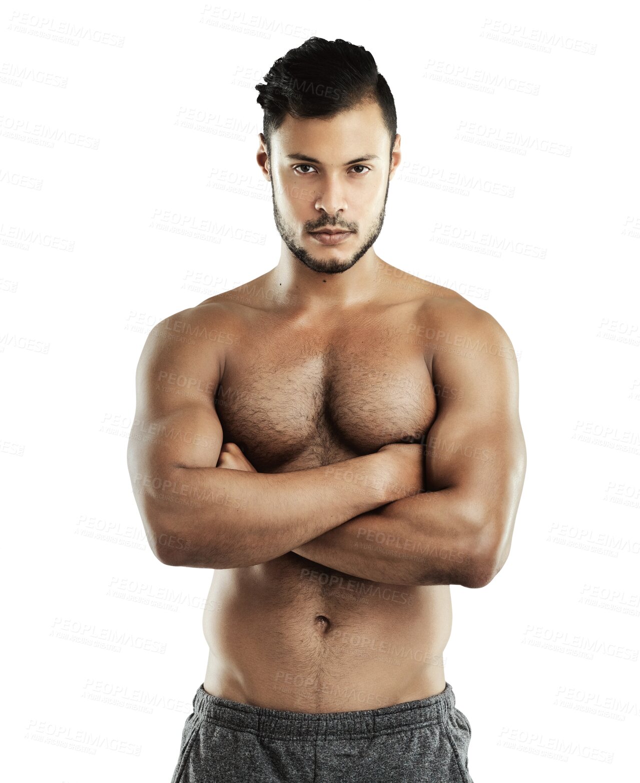 Buy stock photo Portrait, serious muscle and man with arms crossed isolated on transparent png background. Fitness, body and athlete with strong abs after exercise, sport training or workout for confidence in Brazil