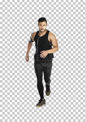 Buy stock photo Portrait, fitness and running with a sports man isolated on a transparent background listening to music. Exercise, workout and health with a young male runner on PNG for cardio or endurance training