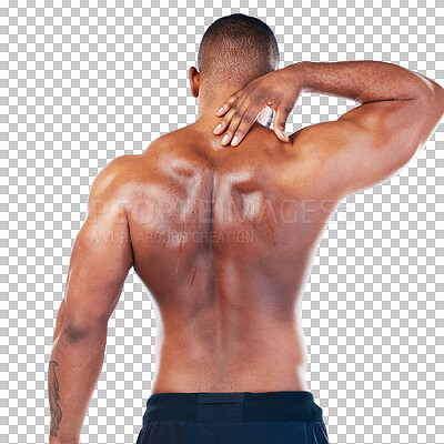 Buy stock photo Fitness, neck pain and back view of a man with an injury, accident or medical emergency. Sports, exercise and male athlete with muscle tension after a workout isolated by a transparent png background