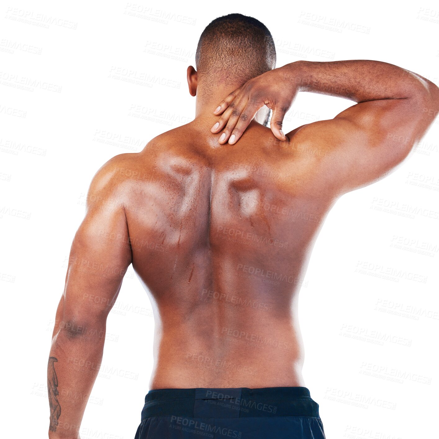 Buy stock photo Fitness, neck pain and back view of a man with an injury, accident or medical emergency. Sports, exercise and male athlete with muscle tension after a workout isolated by a transparent png background