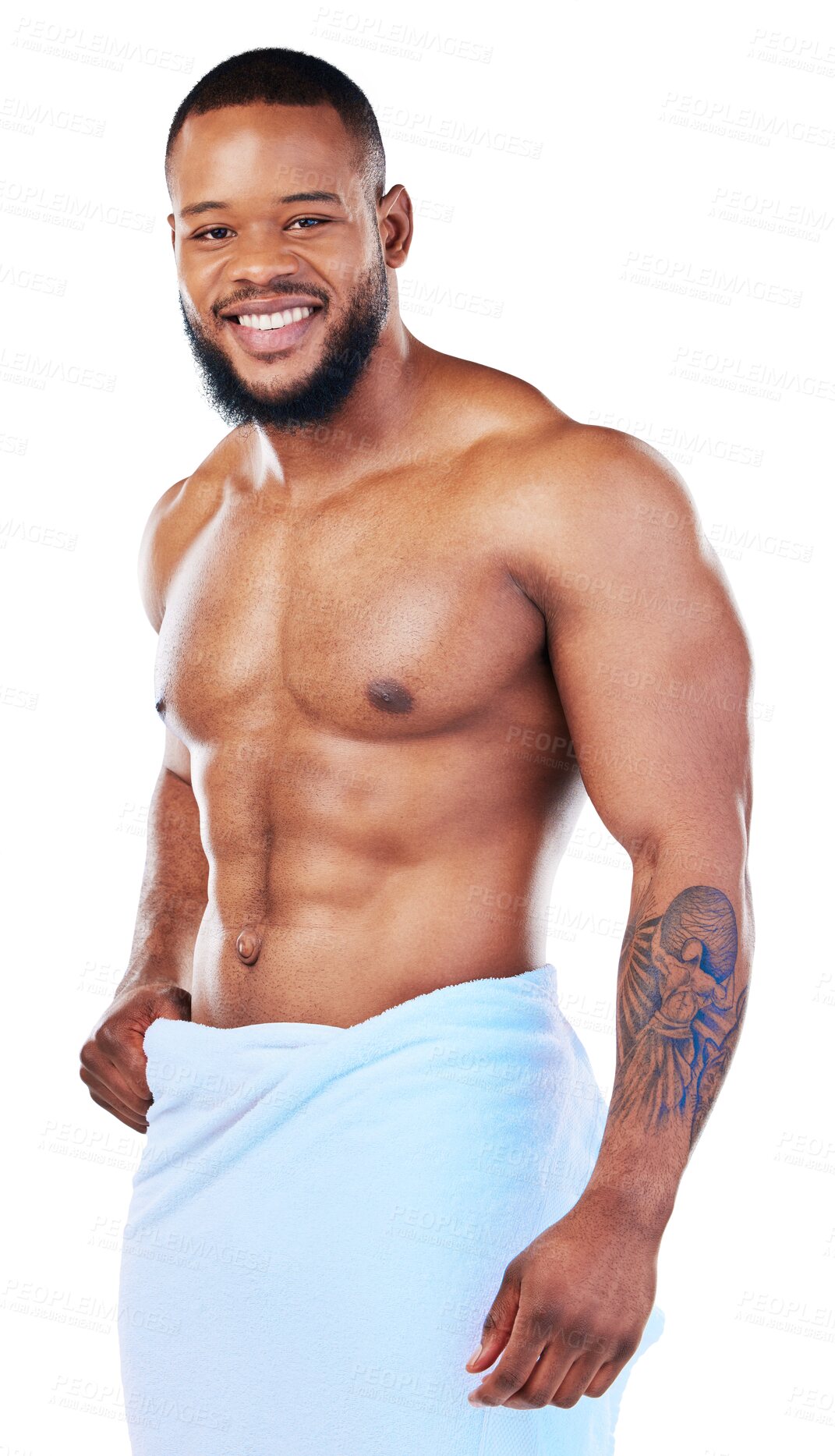 Buy stock photo Portrait, shower and body with a shirtless black man isolated on a transparent background for body care. Fitness, smile or hygiene with a happy and handsome muscular male person in a towel on PNG