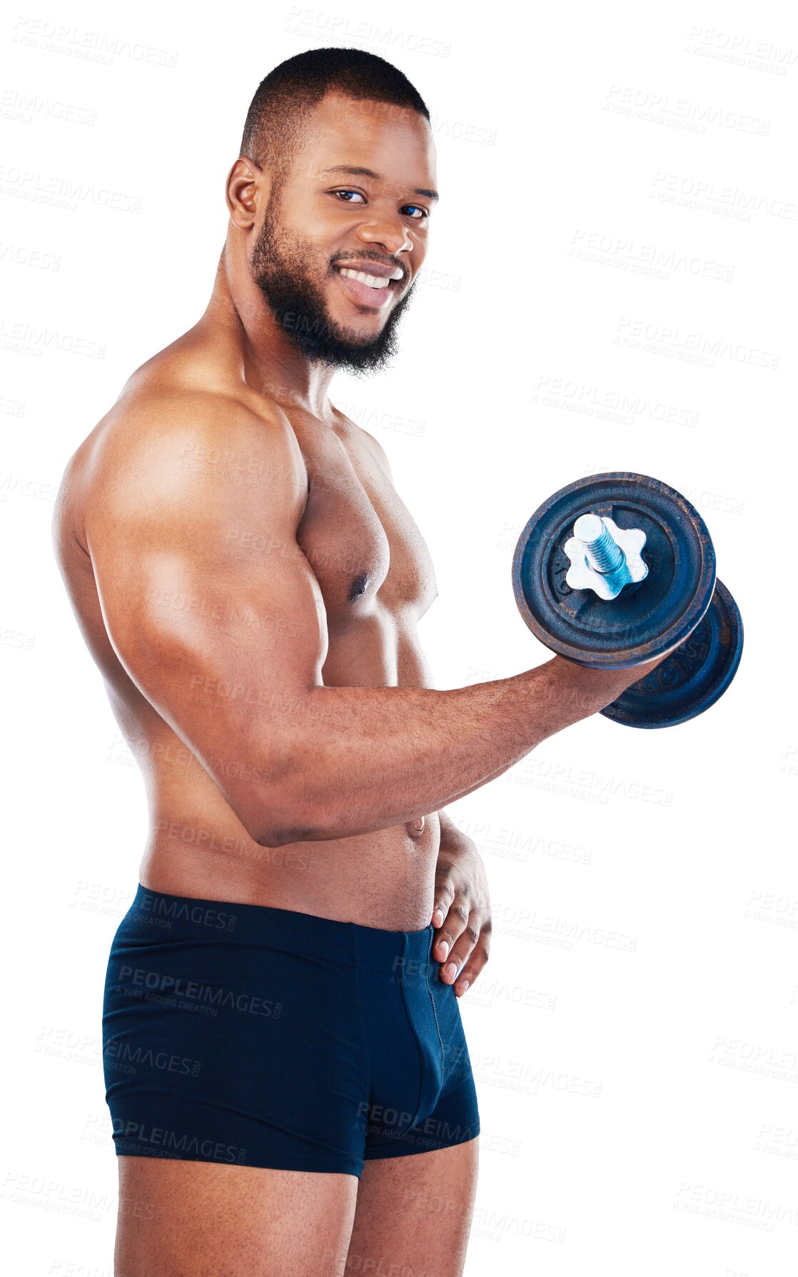 Buy stock photo Black man, bodybuilder and weightlifting with dumbbell, portrait and smile isolated on transparent png background. Male athlete in underwear, body and muscle training with bodybuilding and fitness