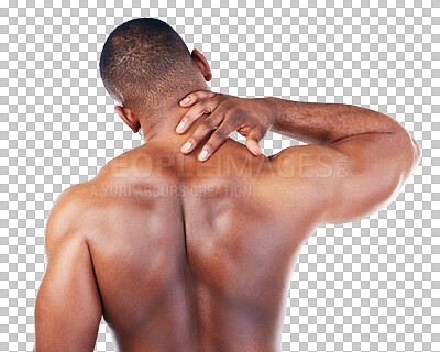 Buy stock photo Healthcare, back and man with a neck injury, accident or pain for medical emergency. Sports, exercise and African male athlete with muscle tension after workout isolated by transparent png background