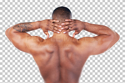 Buy stock photo Sports, back and black man with neck pain, injury or accident  for medical problem. Fitness, exercise and African male athlete with muscle tension after workout isolated by transparent png background