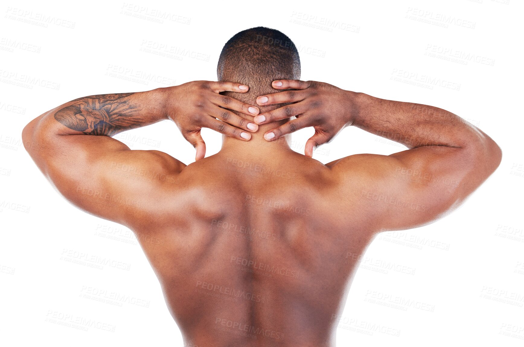 Buy stock photo Sports, back and black man with neck pain, injury or accident  for medical problem. Fitness, exercise and African male athlete with muscle tension after workout isolated by transparent png background