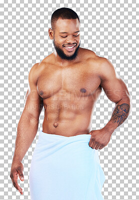 Nude, black man in towel with muscle in portrait and shower