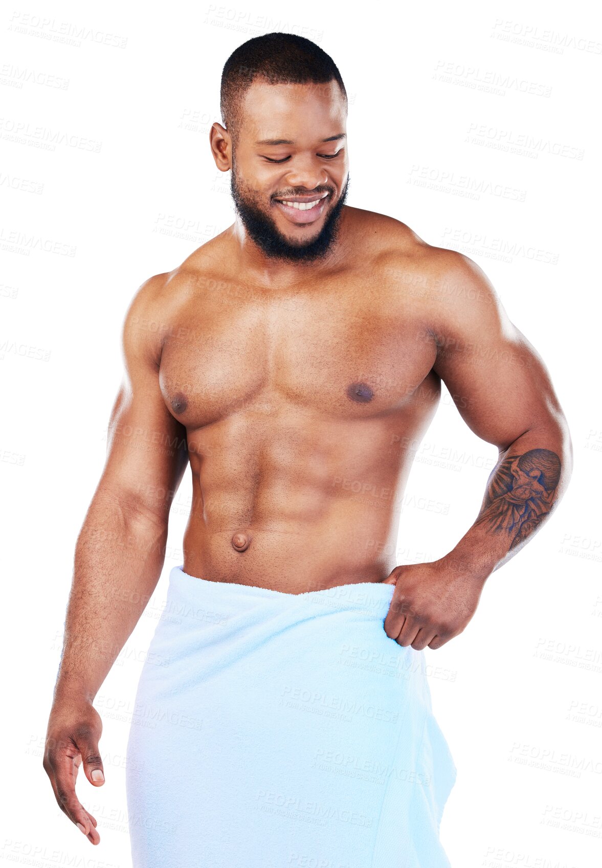 Buy stock photo Man, shower or bodybuilder with smile, towel and confidence in wellness from cleaning in morning on transparent, isolated or png background. Clean, sexy body and skincare for happiness and self care